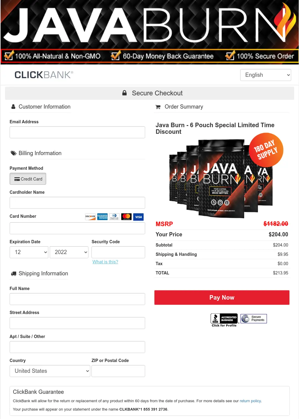 Java burn Order Form